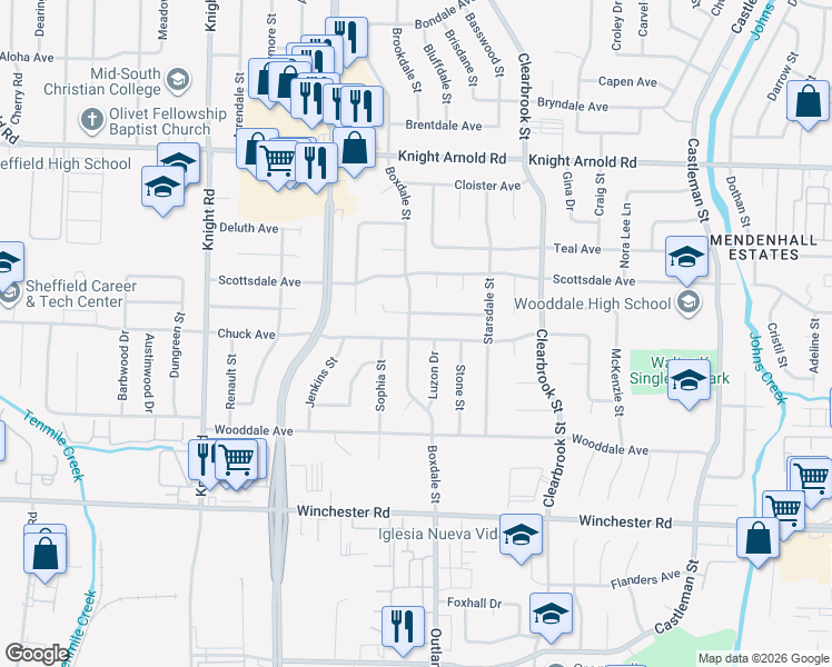 map of restaurants, bars, coffee shops, grocery stores, and more near 4837 Chuck Avenue in Memphis