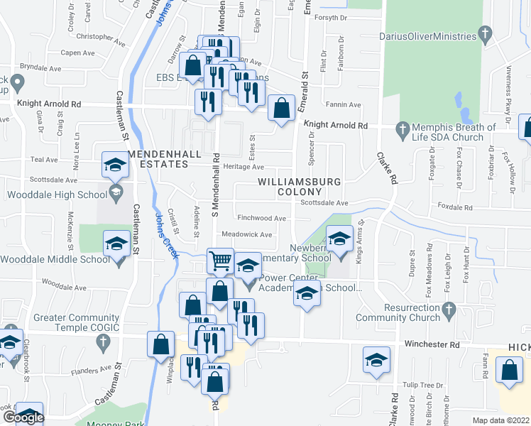 map of restaurants, bars, coffee shops, grocery stores, and more near 5418 Finchwood Avenue in Memphis