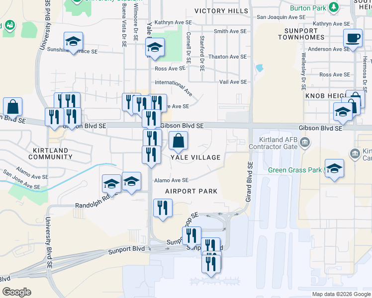 map of restaurants, bars, coffee shops, grocery stores, and more near Stanford Dr SE & Miles Rd SE in Albuquerque