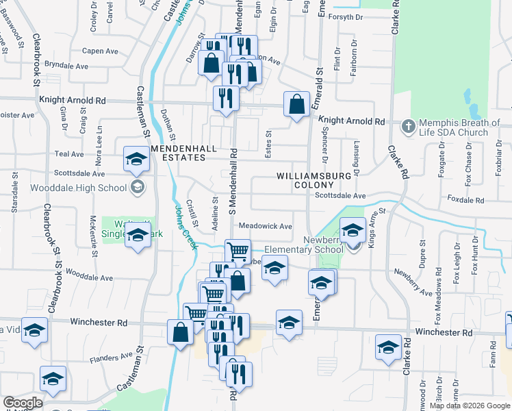 map of restaurants, bars, coffee shops, grocery stores, and more near 3362 Foxwood Drive in Memphis