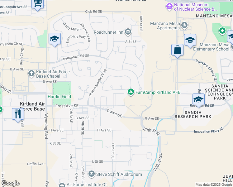 map of restaurants, bars, coffee shops, grocery stores, and more near E Street Southeast in Albuquerque