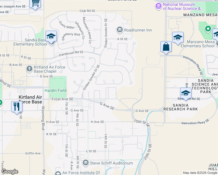 map of restaurants, bars, coffee shops, grocery stores, and more near E Street Southeast in Albuquerque