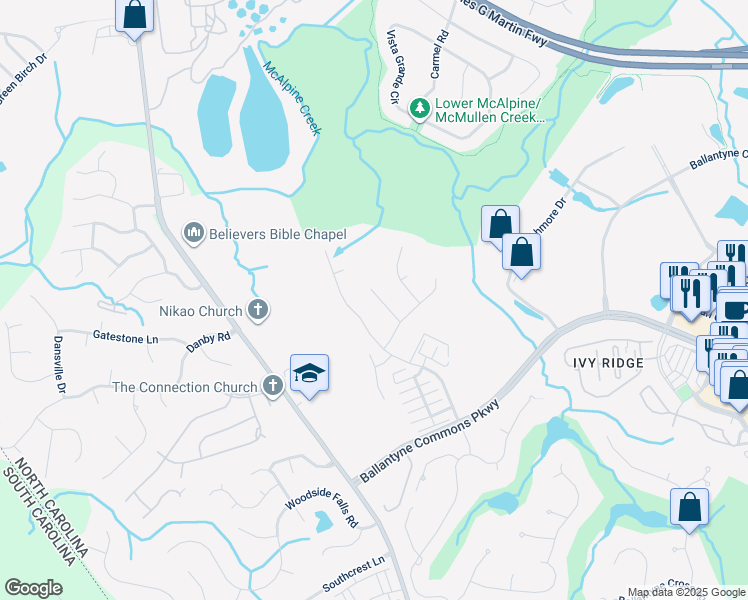 map of restaurants, bars, coffee shops, grocery stores, and more near 14032 Wolf Den Lane in Charlotte