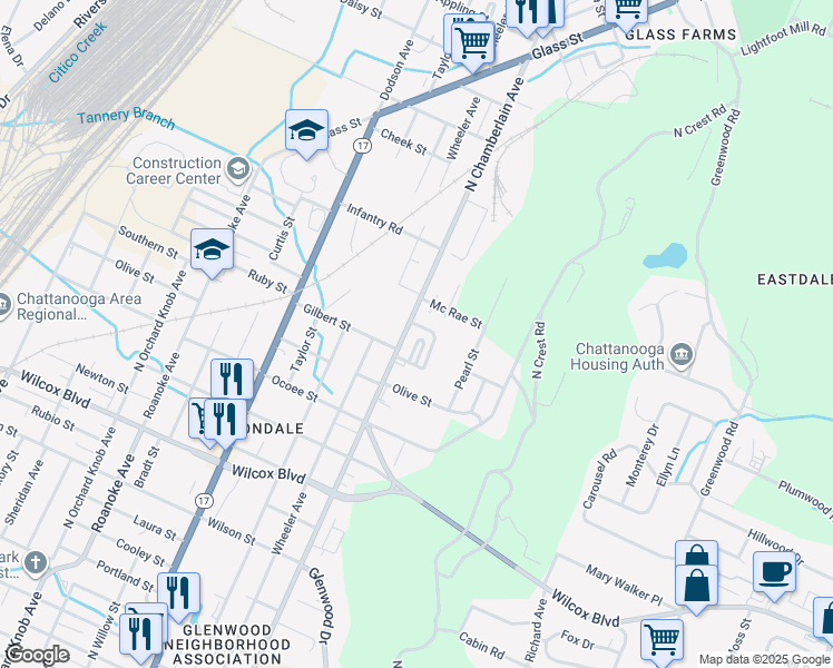 map of restaurants, bars, coffee shops, grocery stores, and more near 1925 Maple Hills Way in Chattanooga