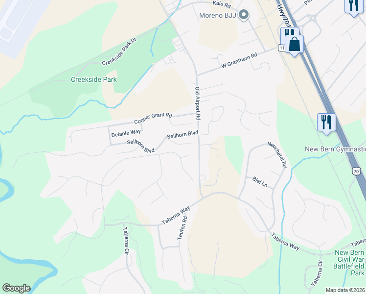 map of restaurants, bars, coffee shops, grocery stores, and more near 101 Kriens Court in New Bern