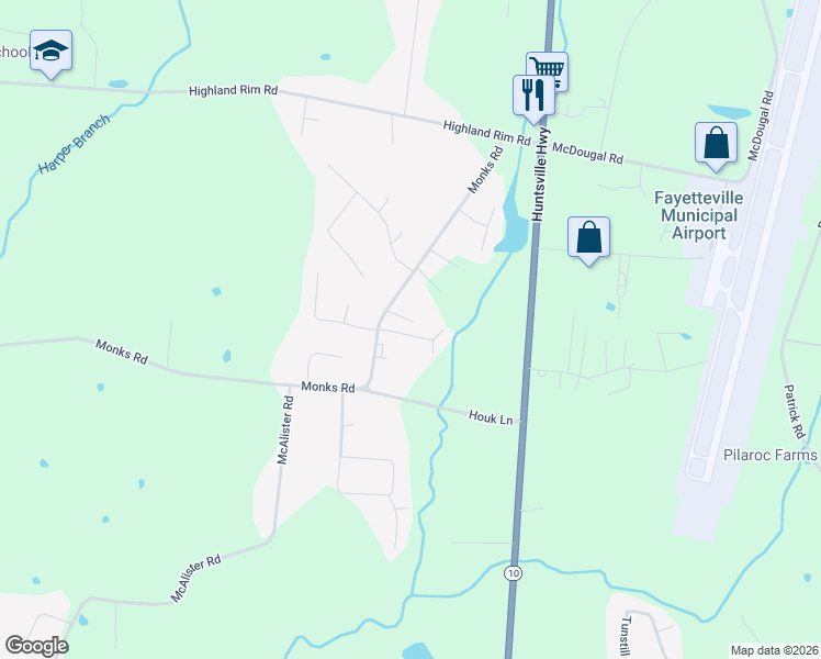map of restaurants, bars, coffee shops, grocery stores, and more near 46 Monks Road in Fayetteville