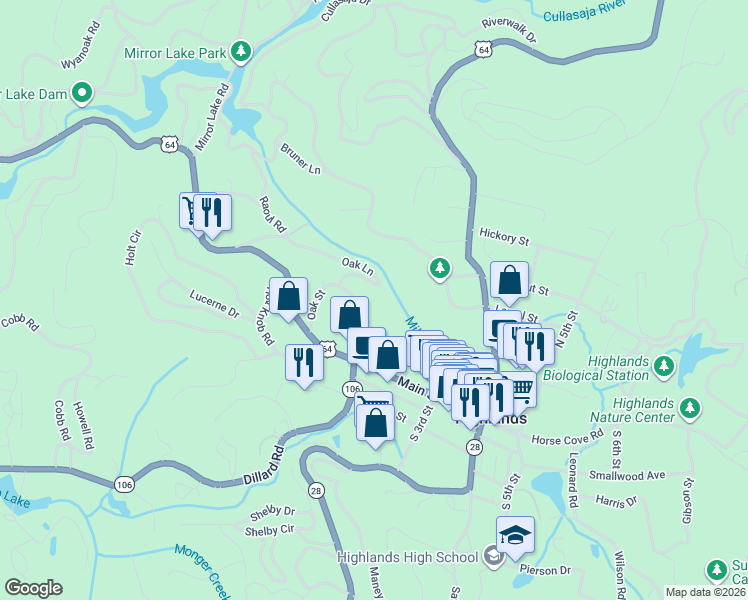 map of restaurants, bars, coffee shops, grocery stores, and more near 86 Oak Street in Highlands