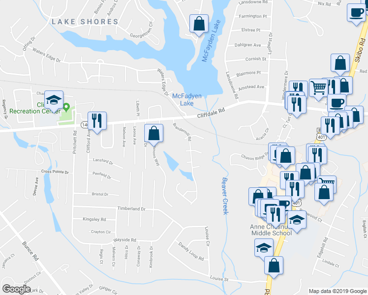 map of restaurants, bars, coffee shops, grocery stores, and more near 5810 Bacarro Place in Fayetteville