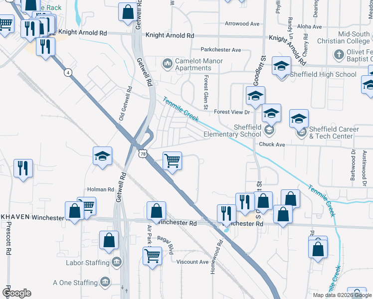 map of restaurants, bars, coffee shops, grocery stores, and more near 4056 Clearpool Circle Road in Memphis
