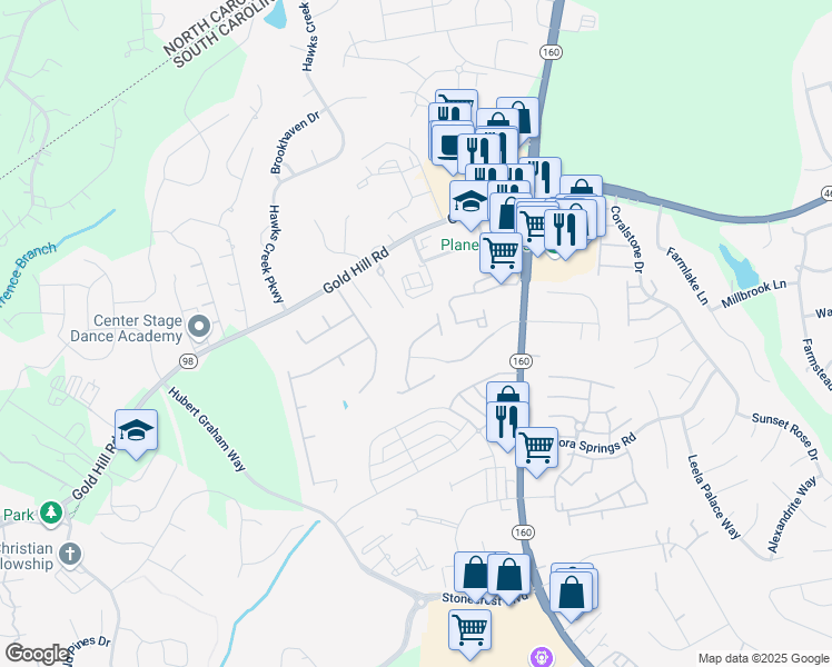 map of restaurants, bars, coffee shops, grocery stores, and more near 800 Stone Village Drive in Fort Mill