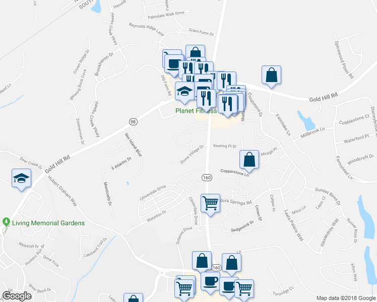 map of restaurants, bars, coffee shops, grocery stores, and more near 604 Stone Village Drive in Fort Mill