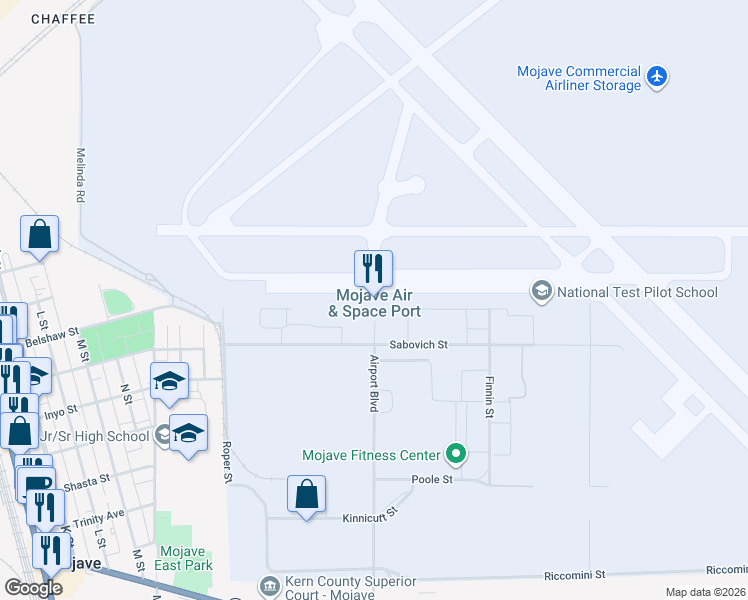 map of restaurants, bars, coffee shops, grocery stores, and more near 1434 Flight Line in Mojave