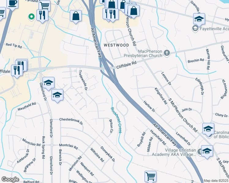 map of restaurants, bars, coffee shops, grocery stores, and more near 4616 Weaverhall Drive in Fayetteville