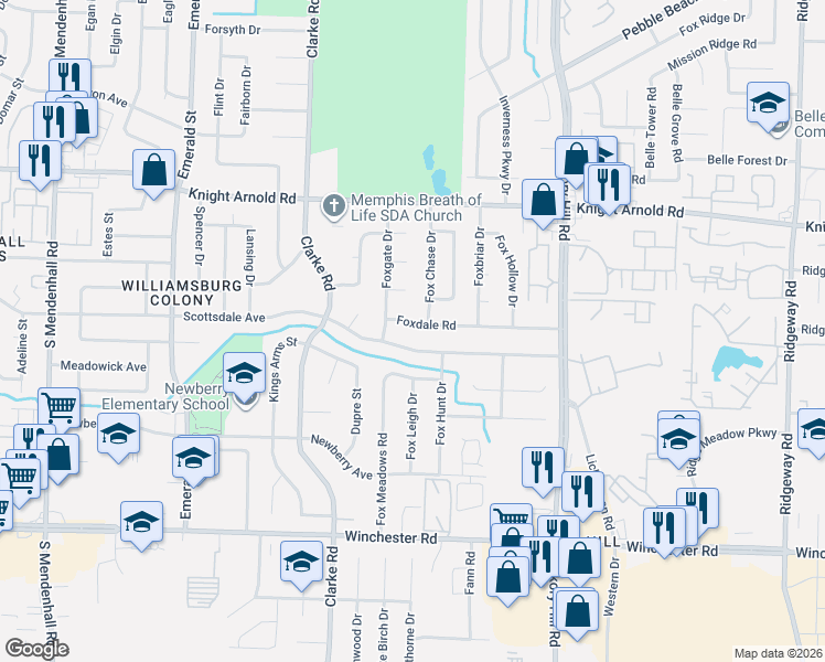 map of restaurants, bars, coffee shops, grocery stores, and more near 5730 Scottsdale Avenue in Memphis