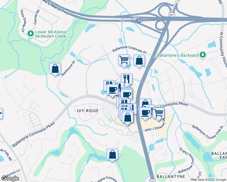 map of restaurants, bars, coffee shops, grocery stores, and more near 15825 John J Delaney Drive in Charlotte