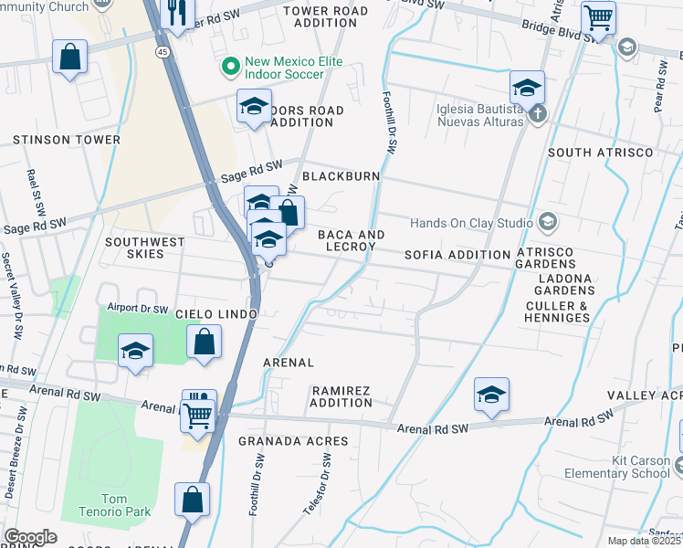 map of restaurants, bars, coffee shops, grocery stores, and more near 1506 Foothill Drive Southwest in Albuquerque