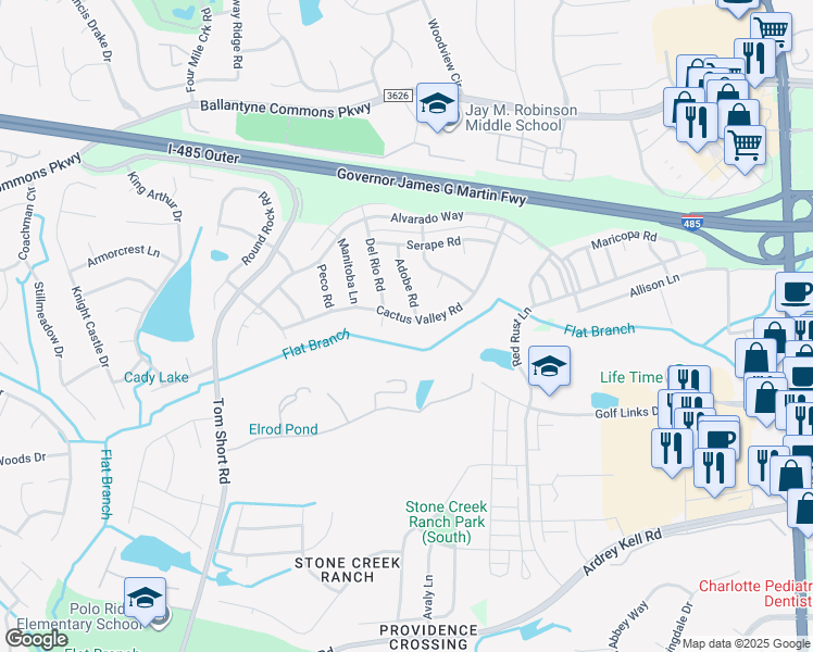 map of restaurants, bars, coffee shops, grocery stores, and more near 5917 Cactus Valley Road in Charlotte