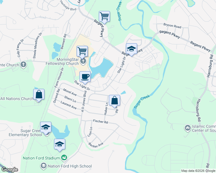 map of restaurants, bars, coffee shops, grocery stores, and more near 604 Wisteria Walk Way in Fort Mill