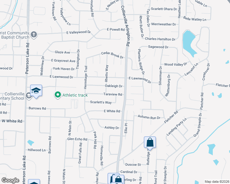 map of restaurants, bars, coffee shops, grocery stores, and more near 369 Taraview Road in Collierville