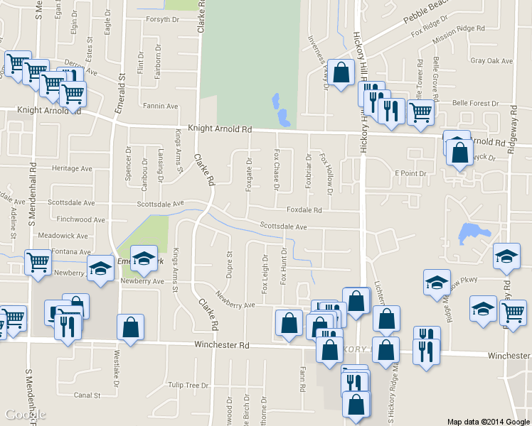 map of restaurants, bars, coffee shops, grocery stores, and more near 5730 Scottsdale Avenue in Memphis