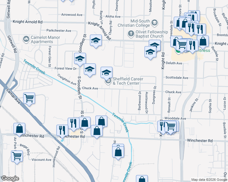 map of restaurants, bars, coffee shops, grocery stores, and more near 3376 Eastport Cove in Memphis