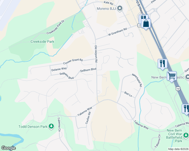 map of restaurants, bars, coffee shops, grocery stores, and more near 2101-2115 Old Airport Road in New Bern