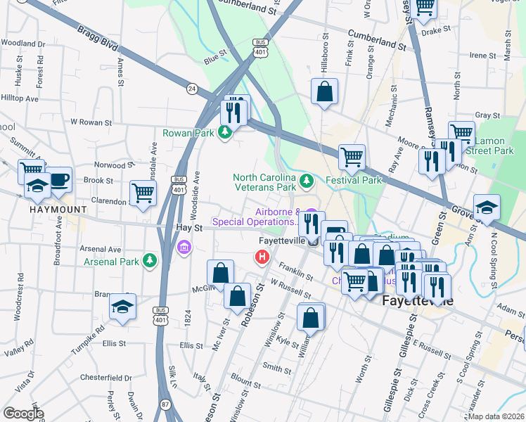 map of restaurants, bars, coffee shops, grocery stores, and more near 107 Hale Street in Fayetteville