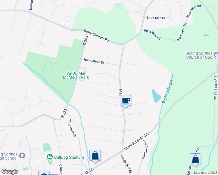 map of restaurants, bars, coffee shops, grocery stores, and more near 120 Springside Drive in Boiling Springs
