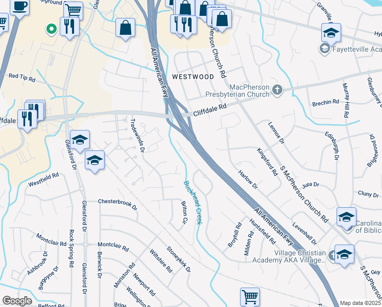 map of restaurants, bars, coffee shops, grocery stores, and more near 4616 Weaverhall Drive in Fayetteville