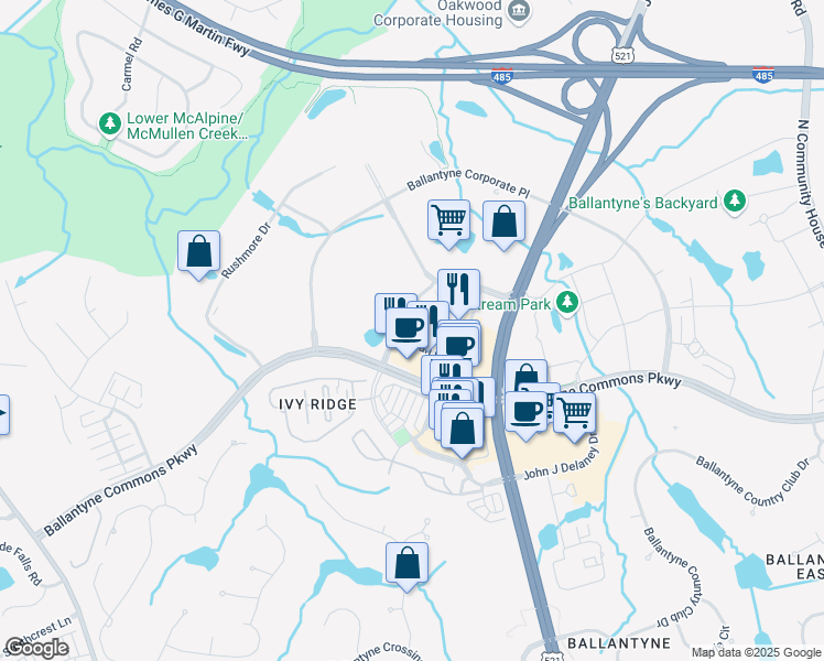 map of restaurants, bars, coffee shops, grocery stores, and more near 15825 John J Delaney Drive in Charlotte