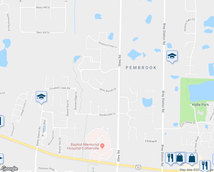 map of restaurants, bars, coffee shops, grocery stores, and more near 3371 Big Wood Cove North in Collierville