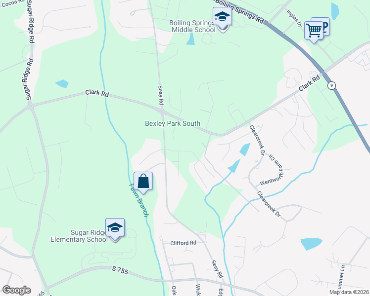 map of restaurants, bars, coffee shops, grocery stores, and more near 3008 English Cottage Way in Boiling Springs