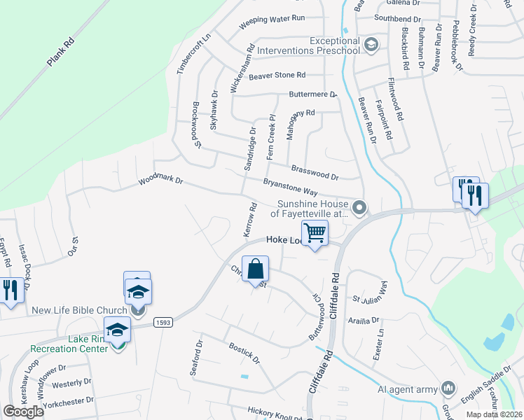 map of restaurants, bars, coffee shops, grocery stores, and more near 6853 Woodmark Drive in Fayetteville