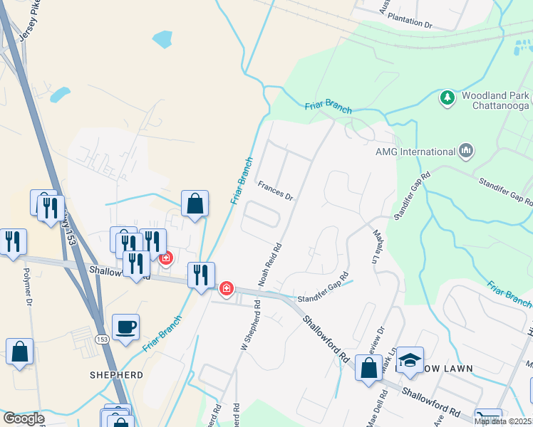 map of restaurants, bars, coffee shops, grocery stores, and more near 6396 Laramie Circle in Chattanooga