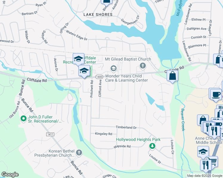 map of restaurants, bars, coffee shops, grocery stores, and more near 552 Jennings Farm Road in Fayetteville