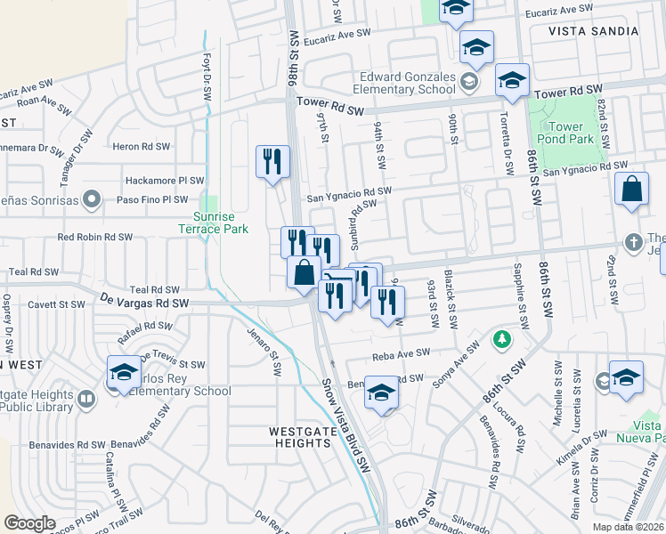 map of restaurants, bars, coffee shops, grocery stores, and more near 9601 Sage Road Southwest in Albuquerque