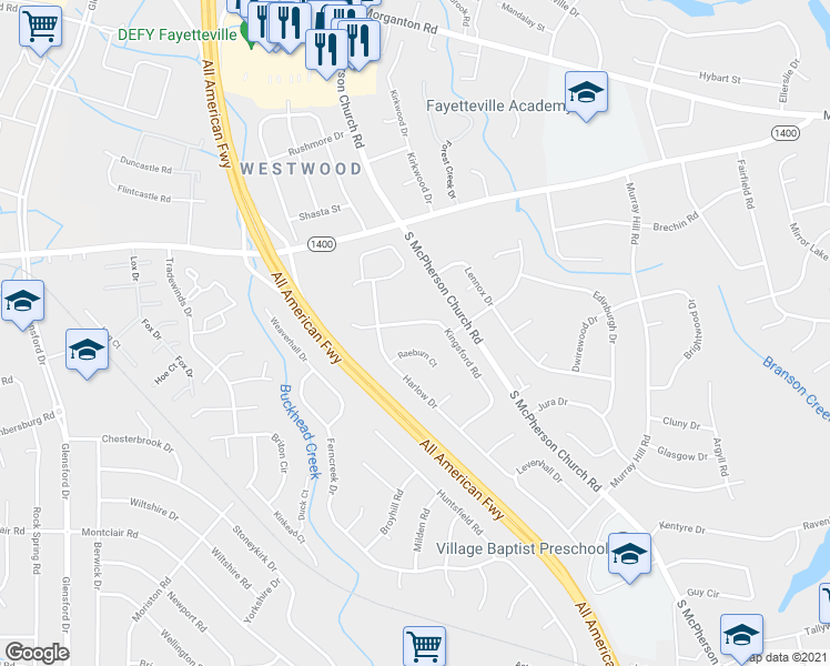 map of restaurants, bars, coffee shops, grocery stores, and more near 428 Kingsford Road in Fayetteville