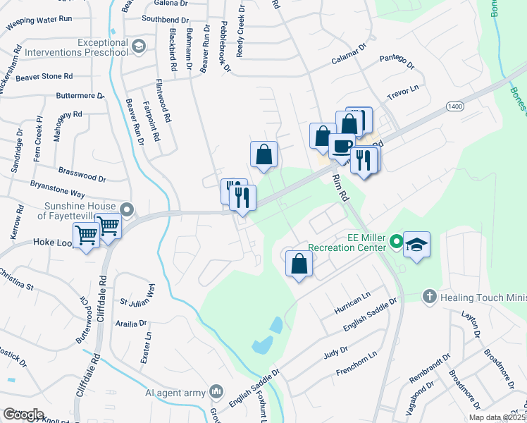 map of restaurants, bars, coffee shops, grocery stores, and more near 8363 Cliffdale Rd in Fayetteville