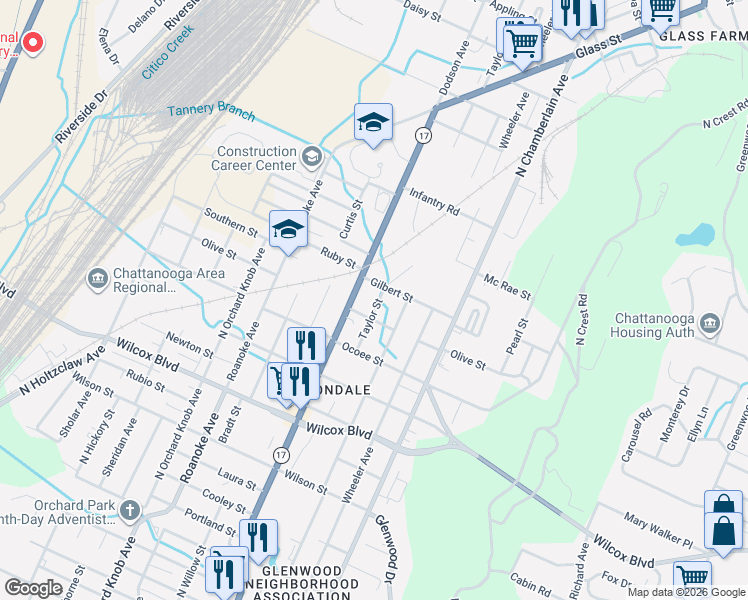 map of restaurants, bars, coffee shops, grocery stores, and more near 1808 Taylor Street in Chattanooga