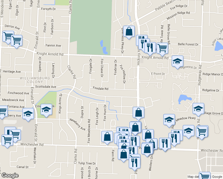 map of restaurants, bars, coffee shops, grocery stores, and more near 5809 Foxdale Road in Memphis