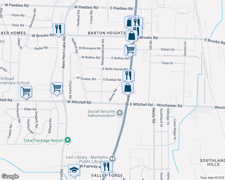 map of restaurants, bars, coffee shops, grocery stores, and more near 3372 Berea Road in Memphis