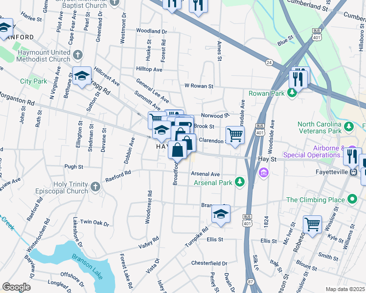 map of restaurants, bars, coffee shops, grocery stores, and more near in Fayetteville