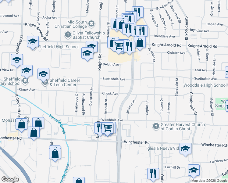 map of restaurants, bars, coffee shops, grocery stores, and more near 4653 Chuck Avenue in Memphis