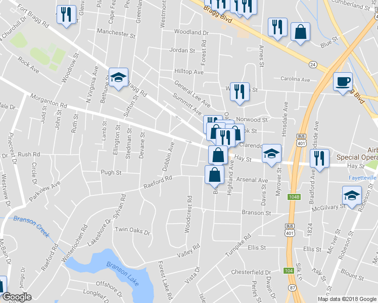 map of restaurants, bars, coffee shops, grocery stores, and more near 109 Magnolia Avenue in Fayetteville