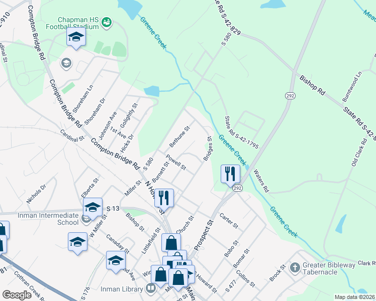 map of restaurants, bars, coffee shops, grocery stores, and more near 8 State Road S-42-2460 in Inman