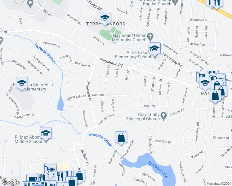 map of restaurants, bars, coffee shops, grocery stores, and more near 508 Rush Road in Fayetteville