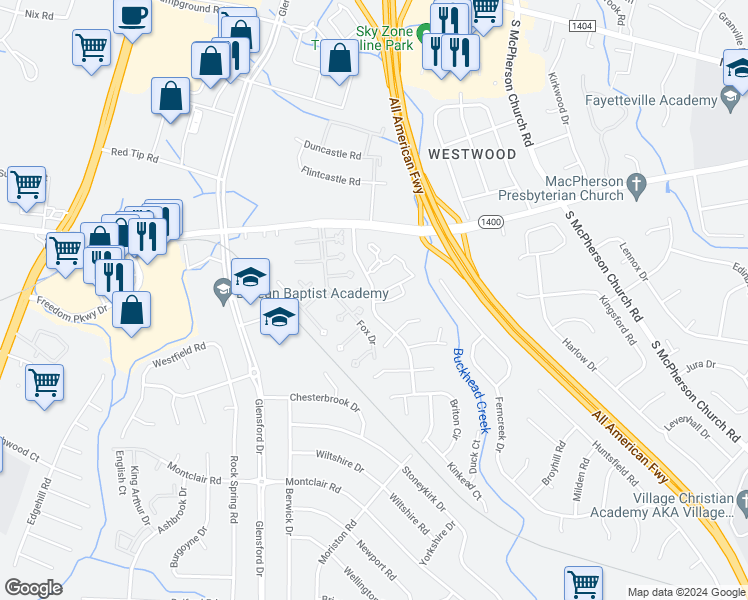 map of restaurants, bars, coffee shops, grocery stores, and more near 447 Tradewinds Drive in Fayetteville