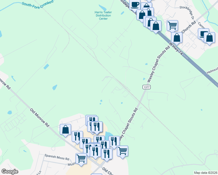 map of restaurants, bars, coffee shops, grocery stores, and more near 5499 Bethel Lane in Monroe