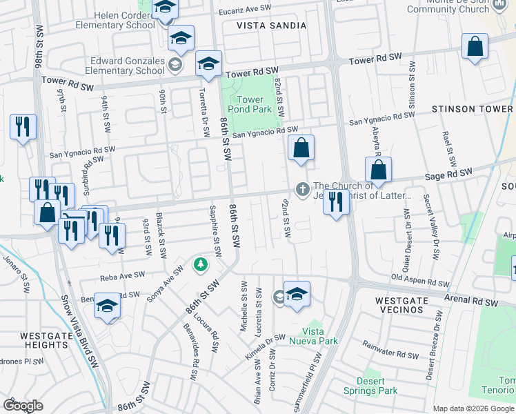 map of restaurants, bars, coffee shops, grocery stores, and more near 1015 Cassandra Street Southwest in Albuquerque
