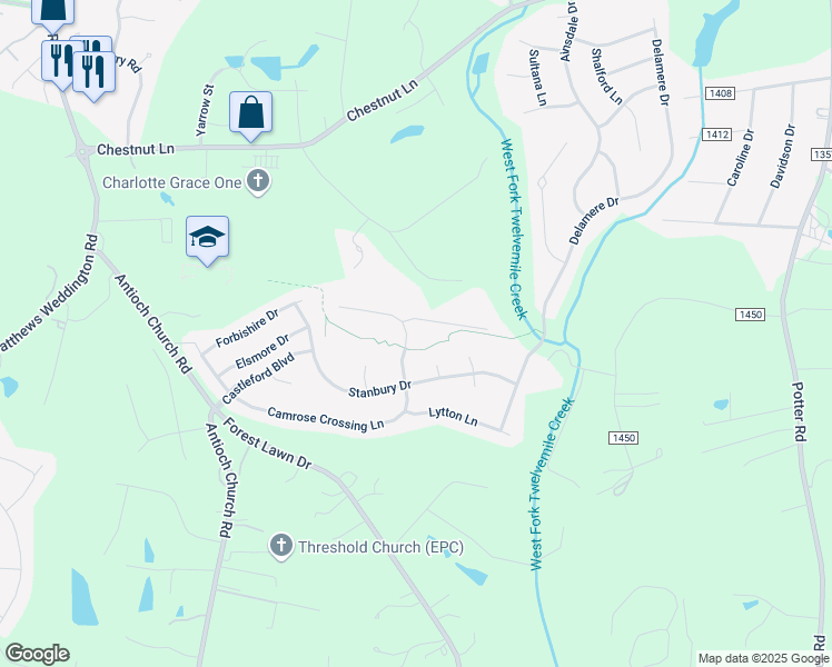 map of restaurants, bars, coffee shops, grocery stores, and more near 6007 Camrose Crossing Lane in Matthews